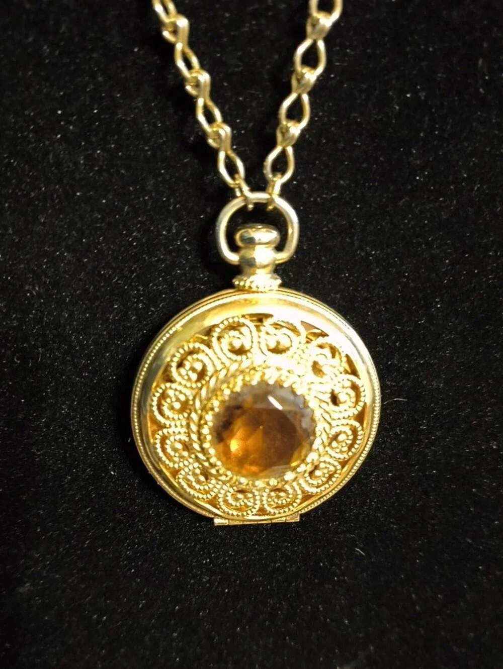 Vintage Avon Gold-Tone Filigree Locket Necklace with Amber Stone
